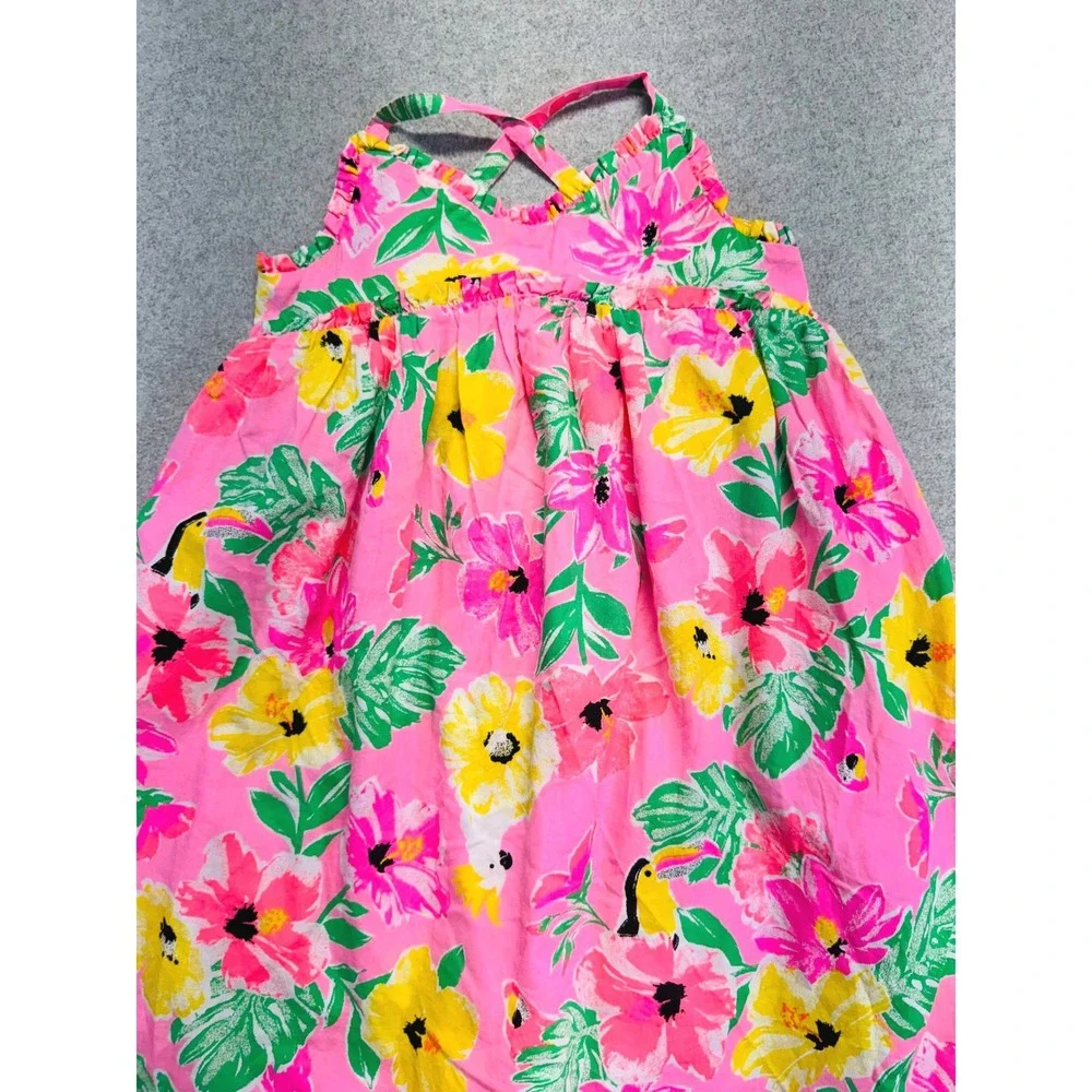 Tommy Bahama Tropical Floral‎ Sundress Size 4 Pink Toucan Parrot Crochet Trim